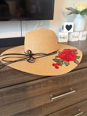 Straw Sun Hat with Red Rose Embroidery - Women Accessories